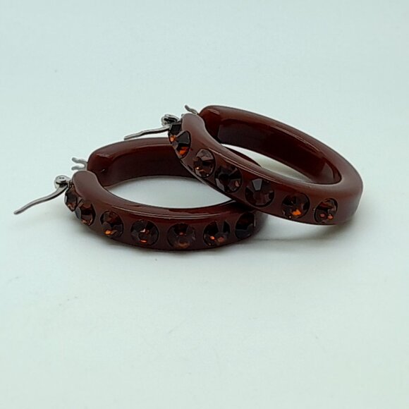 SMOKED TOPAZ RHINESTONE LADIES/WOMEN FASHION 1.5 INCH PLASTIC HOOP EARRINGS #2 - Picture 3 of 3